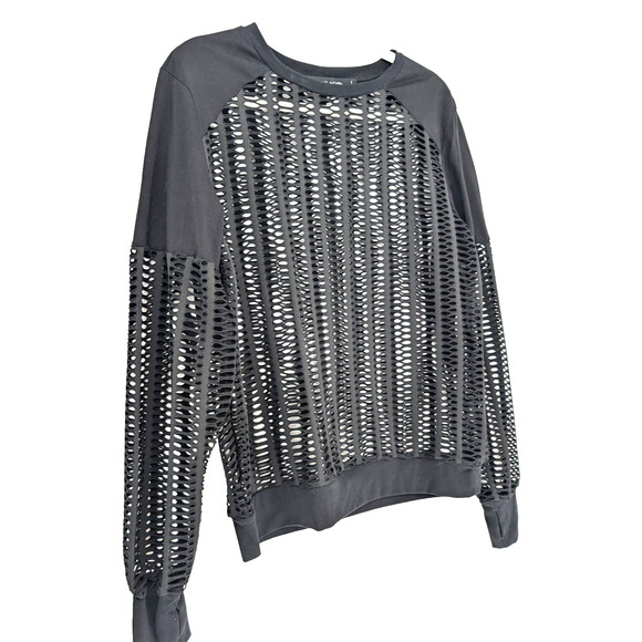 Blanc Noir Linear Mesh Cut Out Open Weave Black Athleisure Lounge Shirt Small - Picture 4 of 13